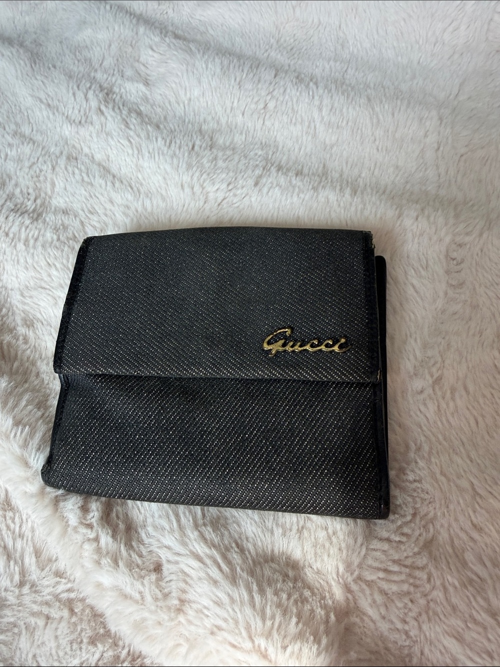 Gucci Black Leather Money Clip Wallet with Gold Script Logo